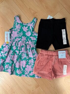 Cat & Jack Girls Green & Pink Floral Tank Dress, Black Biker Shorts, Orange 3T